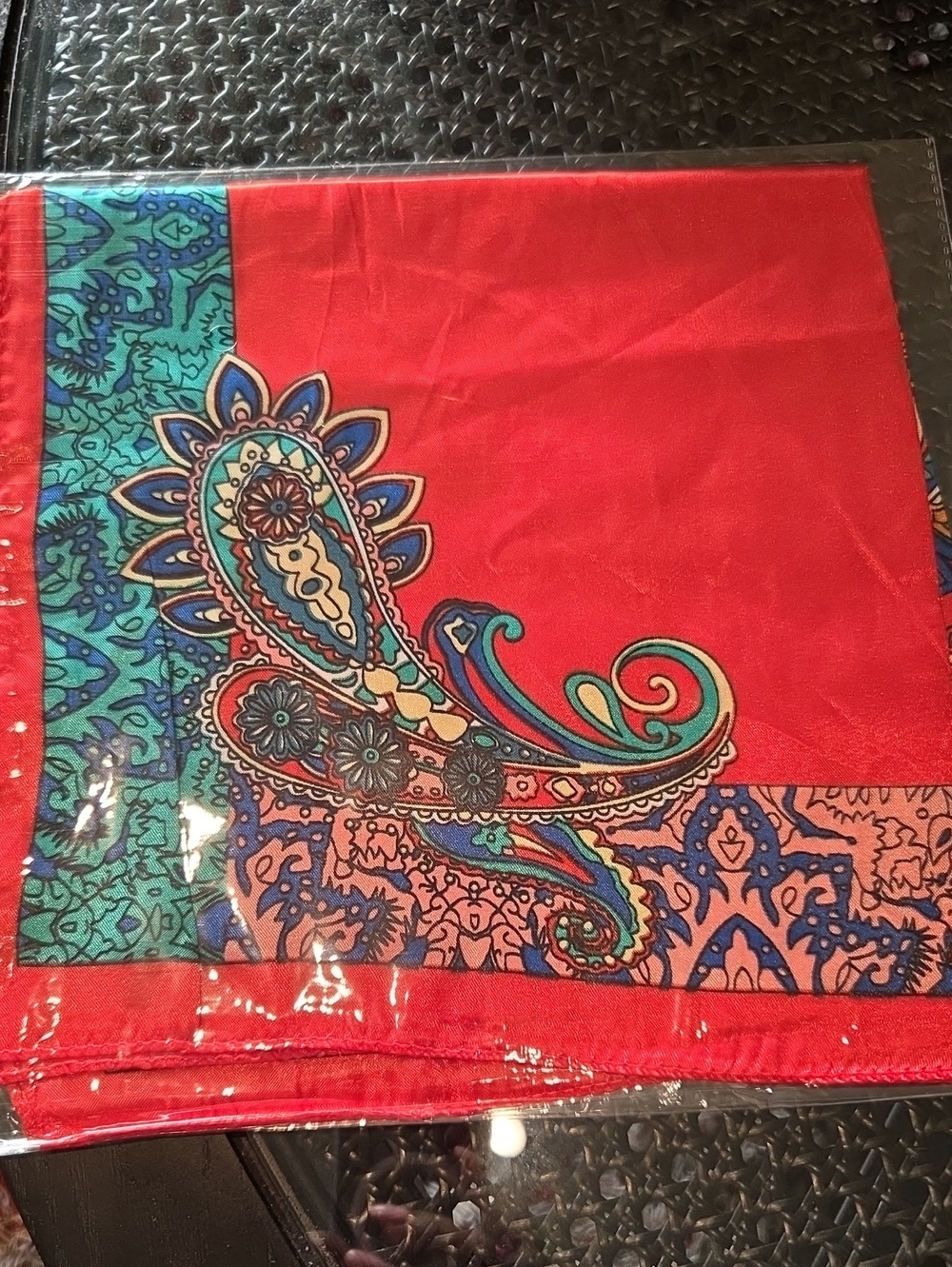 Women's Red Paisley Accent Scarf - Bold Red with Teal Detail 19 x 19 in